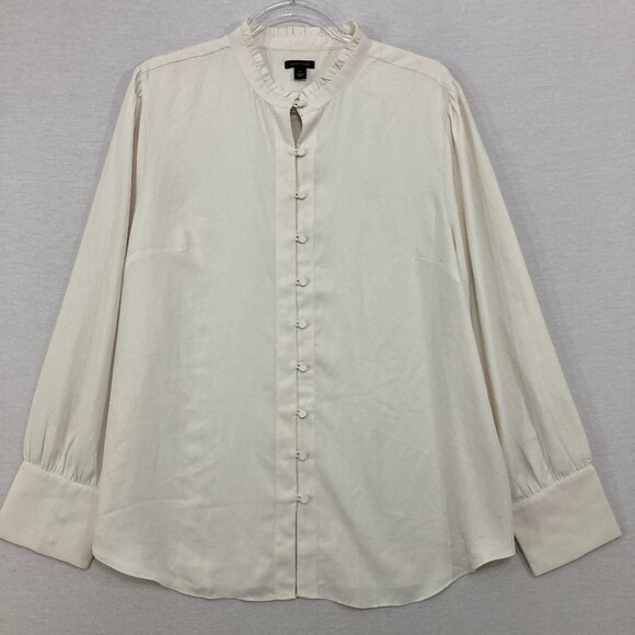 Ann Taylor XL Cream White Ruffle Long Sleeve Button Down Office Preppy - Picture 1 of 10